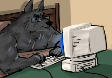 anthro bare_chest bed computer electronics eyewear furniture glasses grey_body keyboard male monitor muscular nipples solo lostwisdom canid canine mammal digital_media_(artwork)