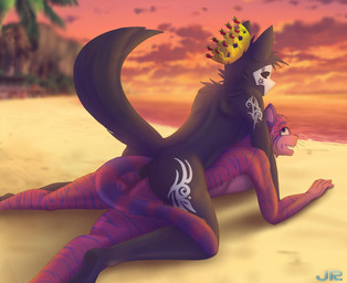 all_fours anal anal_penetration anthro anthro_on_anthro anthro_penetrated anthro_penetrating anthro_penetrating_anthro backsack balls beach biped black_body black_fur blue_stripes butt cloud crown crown_only duo fangs from_behind_position fur genitals headgear jockey_position kneeling looking_at_another lying male male/male male_penetrated male_penetrating male_penetrating_male markings mask nude nude_beach on_front open_mouth open_smile outdoor_nudity outside penetration perineum prone_bone_position purple_body purple_fur seaside sex sex_on_the_beach sky smile snout striped_body striped_fur striped_markings striped_tail stripes sunset tail tail_markings teeth three-quarter_view whiskers jay-r canid canine canis felid mammal pantherine tiger wolf 2019 digital_media_(artwork) hi_res shaded watermark