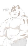 anthro barazoku belly blush bottomwear clothing humanoid_hands kemono male moobs musclegut muscular nipples shorts simple_background slightly_chubby solo text white_background jinjin666 knights_college hermann_(knights_college) mammal suid suina sus_(pig) wild_boar 2024 3:5 hi_res