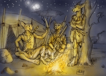 5_fingers anklet anthro barefoot belt bottomwear bracelet campfire clothed clothing crossed_arms dagger detailed_background digitigrade dipstick_tail ear_piercing ear_ring ear_tuft eyes_closed feet fingers fire firelight fur grass group gun holding_dagger holding_gun holding_melee_weapon holding_object holding_ranged_weapon holding_weapon jewelry laugh leaning leaning_backward leaning_on_tree looking_at_another looking_down markings melee_weapon moon necklace night open_mouth outside pack_(container) pants piercing plant poleyn ranged_weapon ring_piercing rock scabbard scarf sky smile spots spotted_body spotted_fur star straps sword sword_on_back tail tail_markings teeth tent tongue topwear tree tuft vest weapon weapon_on_back 0laffson caracal caracal_(genus) felid feline lynx mammal 2018 colored_sketch signature sketch traditional_media_(artwork)