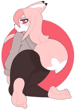 5_toes anthro barefoot biped bottomwear butt clothed clothing dipstick_tail feet female fur hair hoodie humanoid_feet kneeling looking_back markings medium_hair pants pink_body pink_eyes pink_fur pink_hair plantigrade rear_view simple_background soles solo tail tail_markings toes topwear oddity27 brand_new_animal studio_trigger nazuna_hiwatashi canid canine fox mammal 2026 digital_media_(artwork) hi_res