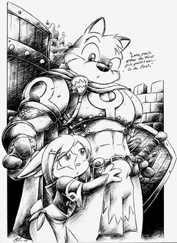 anthro armor bottomwear bulge clothing doing_it_wrong duo female loincloth male markings muscular shield star_(marking) thief young young_anthro drake_fenwick mae_(paige) lagomorph leporid mammal rabbit black_and_white monochrome