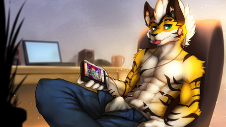 abs anthro arm_markings black_markings blep blue_bottomwear blue_clothing blue_pants blurred_background bottomwear bulge cellphone chair cheek_tuft clothed clothing computer computer_mouse denim denim_bottomwear denim_clothing electronics erection erection_under_clothing facial_tuft fur furniture glistening glistening_eyes green_eyes holding_object holding_phone inside jeans laptop male markings mouth_closed narrowed_eyes on_chair open_bottomwear open_clothing open_pants pants pecs phone red_tongue sitting sitting_on_chair solo striped_body striped_fur stripes tongue tongue_out topless tuft white_body white_fur yellow_body yellow_fur kuttoyaki maroon_5 soundcloud canid canine mammal 16:9 4k absurd_res hi_res widescreen