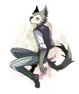 ambiguous_gender anthro boots bottomwear clothed clothing ear_tuft footwear fully_clothed fur grey_body grey_fur half-closed_eyes narrowed_eyes pants pattern_bottomwear pattern_clothing pattern_pants rolled_up_sleeves shirt shoes simple_background solo striped_bottomwear striped_clothing striped_pants stripes suit topwear tuft vest white_body white_clothing white_fur white_shirt white_topwear nishiroyago beastars legoshi_(beastars) canid canine canis mammal wolf 2017