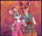 anthro clothed clothing cookware duo female flower frying_pan fur green_eyes grey_body grey_fur heart_symbol kitchen_utensils male orange_body orange_fur plant purple_eyes tools yelnatsdraws disney disney's_tangled_(film) zootopia flynn_rider judy_hopps nick_wilde rapunzel_(disney) canid canine fox lagomorph leporid mammal rabbit red_fox true_fox