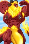 2:3 abs anthro armpit_hair big_bulge big_muscles body_hair bottomwear bulge canid canine clothed clothing demon detailed_bulge fire flexing genital_outline hi_res horn huge_bulge hyper hyper_bulge male mammal muscular muscular_anthro muscular_male nipple_piercing nipples pecs penis_outline piercing pubes red_body solo speedo swimwear taoren topless vein yellow_bottomwear yellow_clothing