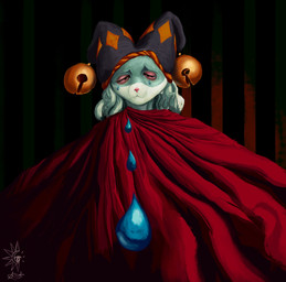 anthro bell black_clothing black_hat black_headwear bodily_fluids clothing eyes_closed fur green_body green_fur green_hair hair hat headgear headwear orange_clothing orange_hat orange_headwear red_clothing solo tears two_tone_hat halfbaked-hope nintendo pokemon generation_9_pokemon meowscarada pokemon_(species) 2025 absurd_res digital_media_(artwork) digital_painting_(artwork) hi_res painting_(artwork) signature
