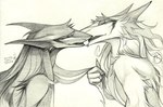 4_fingers claws duo fingers hair imminent_kiss long_hair narrowed_eyes open_mouth sharp_teeth side_view teeth raesheris sergal graphite_(artwork) monochrome sketch traditional_media_(artwork)