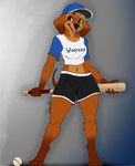 anthro ball baseball baseball_bat baseball_cap bat_(object) belly bottomwear brown_eyes brown_hair clothed clothing colored_nails digitigrade female floppy_ears hair halter_top hat headgear headwear looking_at_viewer midriff nails navel shirt shorts simple_background smile smiling_at_viewer solo sportswear t-shirt tongue topwear deerwalker canid canine canis dachshund domestic_dog hunting_dog mammal flat_colors hi_res line_art