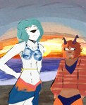 beach bikini bikini_top clothing clothing_aside duo female gesture sea suggestive suggestive_gesture sun sunset swimwear swimwear_aside two-piece_swimsuit water anonymous_artist bovid bovine caprine goat mammal sheep hi_res painting_(artwork)