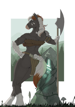 anthro armor axe back_muscles bottomwear breasts butt clothed clothing ear_piercing ear_ring female fur grey_body grey_fur hand_on_hip hand_on_own_hip holding_axe holding_object hooves humanoid_hands loincloth mane melee_weapon multicolored_body multicolored_fur muscular muscular_anthro muscular_female pauldron piercing rear_view ring_piercing solo standing two_tone_body two_tone_fur warrior weapon white_body white_fur white_mane sabrotiger equid equine horse mammal 2021 digital_media_(artwork)