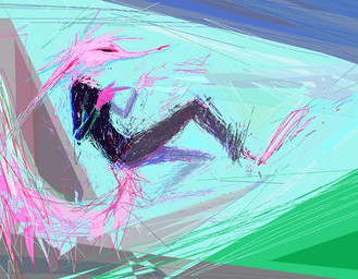 abstract_background anthro black_clothing black_shirt black_topwear bottomwear clothing female fur grey_bottomwear grey_clothing grey_pants pants pink_body pink_fur pink_tail shirt smile solo tail topwear demensa canid canine canis mammal wolf 2019 digital_media_(artwork) hi_res pixel_(artwork)