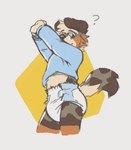 anthro black_nose blonde_hair blue_clothing blue_eyes blue_sweater blue_topwear brown_body brown_fur button_ears clean_diaper clothed clothing diaper floppy_ears fur geometric_background hair hands_above_head looking_at_viewer male midriff mottled mottled_body mottled_fur multicolored_body multicolored_fur orange_body orange_fur pantsless piebald piebald_body piebald_fur question_mark simple_background solo standing stretching sweater tan_body tan_fur topwear wearing_diaper cookiebandit casper_(cookiebandit) canid canine canis domestic_dog mammal 2024 colored hi_res portrait