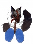 anthro bdsm biped black_body black_fur bondage bottomwear bound canid canine canis clothed clothing dipstick_tail front_view fully_clothed fur grey_body grey_fur grey_hair hair inner_ear_fluff looking_at_viewer male mammal markings multicolored_tail muzzle_(object) muzzled pants restraints simple_background sitting solo straitjacket submissive submissive_anthro submissive_male tail tail_markings teal_eyes tuft unknown_artist white_background wolf