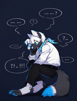 anthro belt black_belt black_bottomwear black_clothing black_pants blue_background blue_body blue_eyes blue_fur blue_kerchief blue_neckerchief bottomwear cheek_tuft clothed clothing exclamation_point eyebrow_through_hair eyebrows facial_tuft fur grey_body grey_fur grey_tail hair kerchief male mouth_closed neckerchief neckwear pants question_mark side_view simple_background sitting solo speech_bubble tail topwear translucent translucent_hair tuft unsigned white_body white_clothing white_fur white_hair white_inner_ear white_kerchief white_neckerchief white_nose white_topwear asnnonaka canid canine canis mammal wolf full-length_portrait hi_res portrait