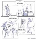 2018 absurd_res anthro arms_bent barefoot bed canid canine chair clothed clothing comic dialogue disney duo english_text feet female fox furniture hand_on_face hand_on_own_face hand_on_own_snout hand_on_snout hi_res holding_face holding_snout hospital hospital_bed judy_hopps lagomorph leporid male mammal monochrome name_drop name_in_dialogue nick_wilde rabbit raised_hand red_fox short_snout simple_background snout species_in_dialogue speech_bubble sprinkah standing star text true_fox white_background worried zootopia