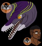 before_and_after black_hair earhole eyewear facial_hair feral glasses glowing glowing_eyes green_body green_scales grey_body grey_scales hair male open_mouth orange_eyes purple_body purple_scales scales sharp_teeth simple_background size_difference teeth transparent_background angry_koala dinosquad human mammal marine mosasaur mosasaurus prehistoric_species reptile scalie alpha_channel headshot_portrait portrait watermark