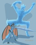 anthro armor blue_body breasts brown_eyes clothed clothing duo female fully_shaded genitals hair ice male male/female nipples nude pose pussy simple_background thick_thighs alicethedeer bat mammal 4:5 absurd_res digital_media_(artwork) hi_res pinup