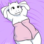 anthro bed_sheet bedding black_eyes breasts female fur genitals hands_behind_head nipples pink_towel purple_bed_sheet purple_bedding pussy smile solo towel towel_only white_body white_fur nishi_oxnard undertale undertale_(series) toriel boss_monster_(undertale) bovid caprine mammal 1:1 digital_media_(artwork)