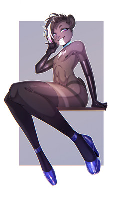 anthro armwear belly black_nipples blue_clothing blue_collar blue_footwear blue_high_heels chest_tuft clothing collar elbow_gloves eyebrows eyelashes femboy footwear fur gloves hair handwear high_heels legwear male multicolored_body multicolored_fur multicolored_hair nipples pink_eyes shoes short_ears sitting slim solo stiletto_heels thick_thighs thigh_highs tuft belphione bjorn_(glazie) bear mammal absurd_res hi_res