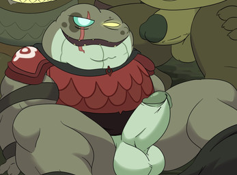 anthro armor balls blue_eyes bottomwear bottomwear_down clothed clothing erection facial_scar genitals glowing glowing_eyes green_body green_skin group heterochromia imminent_sex male male/male mature_male moobs muscular muscular_arms muscular_male muscular_thighs pants pants_down partially_clothed penis scar slightly_chubby slightly_chubby_anthro slightly_chubby_male spread_legs spreading trio yellow_eyes cywolf49 amphibia_(series) disney captain_grime amphibian frog toad_(frog)