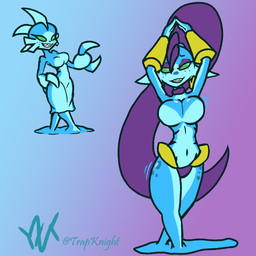 blue_body breasts clothed clothing corruption ear_piercing ear_ring featureless_breasts female freckles green_eyes hair hands_above_head markings motion_lines navel piercing ponytail purple_hair ring_piercing sharp_teeth skimpy smile solo spots spotted_markings teeth trapknight shantae_(series) wayforward shantae wetgal_(shantae) goo_creature 1:1 hi_res signature