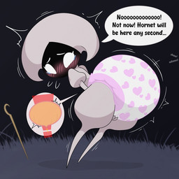 ambiguous_gender bent_over big_diaper black_face bladder blurred_background blush bodily_fluids cutaway diaper embarrassed genital_fluids grass heart_pattern holding_back_tears holding_crotch looking_back organs pattern_diaper pink_diaper plant shaking solo speech_bubble standing tears text touching_diaper urine weapon white_body white_eyes nineplusten hollow_knight:_silksong hollow_knight_(franchise) team_cherry lace_(hollow_knight:_silksong) arthropod 1:1 english_text hi_res