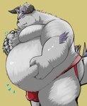 anthro belly belly_grab bulge butt clothing detailed_bulge eyebrows fur hair horn jockstrap male moobs obese obese_male overweight overweight_male pupils purple_hair slit_pupils solo thick_eyebrows underwear white_body white_fur ura_bg lifewonders tokyo_afterschool_summoners behemoth_(tas) monster hi_res