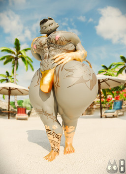 5_toes anthro beach big_butt big_muscles big_pecs black_hair blind_eye butt cheek_tuft chest_tattoo claws clothed clothing facial_tuft fangs feet femboy fur grey_body grey_fur hair leg_tattoo male muscular muscular_anthro muscular_male nipples open_mouth palm_tree pecs pink_nipples plant solo tail tattoo teeth thick_thighs thong thong_only toes topless topless_anthro topless_male tree tuft underwear underwear_only wide_hips yellow_clothing yellow_eyes yellow_thong yellow_underwear totallyd epic_games fortnite meowdas meowscles domestic_cat felid feline felis mammal 2026 3d_(artwork) absurd_res digital_media_(artwork) english_description hi_res