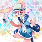 abstract_background adolescent alternative_fashion anthro bag bottomwear brown_earbuds brown_headphones cellphone clothing dress_shirt earbuds electronics eyewear flat_cap frutiger_metro fur furgonomics glasses gloves grin handwear hat headgear headphones headwear j-fashion kemono looking_at_viewer male multicolored_earbuds multicolored_headphones musical_note musical_symbol necktie orange_earbuds phone pink_body pink_fur red_eyes shirt shorts sleeveless_hoodie smile solo symbol topwear y2k_(graphic_design) yellow_earbuds young young_anthro young_male tarobandit lagomorph leporid mammal rabbit 1:1 hi_res