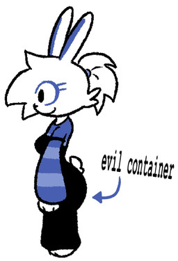 anthro black_clothing black_dress black_eyes blue_clothing blue_eyelashes blue_shirt blue_topwear breasts butt clothing dress ears_up eyelashes female fur furgonomics hair medium_breasts ponytail scut_tail shirt short_hair short_tail side_view simple_background smile solo standing tail text topwear white_background white_body white_fur white_hair oddity_ast evil_container lagomorph leporid mammal rabbit english_text hi_res meme