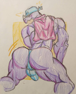 anthro balls barazoku baseball_cap big_balls big_butt butt cape clothing genitals hat headgear headwear huge_balls huge_butt kneeling looking_at_viewer looking_back male male_focus moobs on_knee purple_body purple_scales purple_skin scales solo welyr brawl_stars supercell_(company) pierce_(brawl_stars) lizard reptile scalie