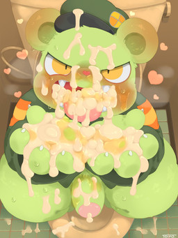 anthro blush bodily_fluids clothing cum cum_on_body cum_on_face fur genital_fluids genitals green_body humanoid_genitalia humanoid_penis male military_uniform penis solo sweat text tongue tongue_out toony topwear uniform nekokagebevil happy_tree_friends bear mammal 3:4 absurd_res hi_res