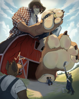 4_toes anthro barn claws cleaning_feet digit_ring extreme_size_difference farm feet foot_fetish foot_lick group jewelry licking macro male male/male pawpads paws ring size_difference stuck_to_foot toe_claws toe_ring toes tongue underfoot snared_(artist) 2026 4:5 hi_res