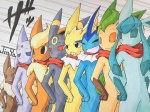 ambiguous_gender anthro anthrofied black_eyes blue_eyes brown_eyes group pokemorph pose purple_eyes red_eyes scarf team_pose yellow_eyes akabane_jin nintendo pokemon canid canine eevee eeveelution espeon flareon generation_1_pokemon generation_2_pokemon generation_4_pokemon glaceon jolteon leafeon mammal pokemon_(species) umbreon vaporeon 4:3