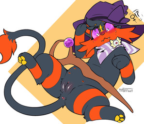 after_transformation anus blush body_blush cheek_tuft facial_tuft fangs female feral gender_symbol gender_transformation genitals interrobang simple_background solo spread_legs spreading symbol teeth transformation tuft vulva vulva_blush wearing_hat nulloffset nintendo pokemon pokemon_mystery_dungeon spike_chunsoft generation_7_pokemon litten pokemon_(species) hi_res