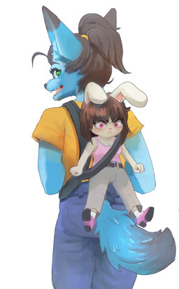 anthro belt black_hair blue_body blue_fur bottomwear breasts brown_hair clothing duo female footwear fur green_eyes hair open_mouth pants pink_eyes pouting shirt shoes simple_background size_difference tail topwear white_background corablue corablue_(character) canid canine canis jackal lagomorph leporid mammal rabbit 2026 hi_res