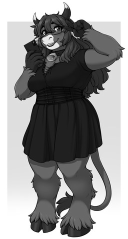 anthro breasts cellphone clothed clothed_female clothing cloven_hooves collar cowbell cowbell_collar dress electronics eyewear female fully_clothed fully_clothed_female glasses hair holding_cellphone holding_object holding_phone holding_smartphone hooves horn long_hair looking_at_viewer phone smartphone solo tail tail_tuft tuft wearing_glasses iriedono bovid bovine cattle mammal greyscale hi_res monochrome