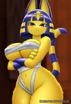 anthro big_breasts blue_hair blush breasts crossed_arms female female_anthro fur hair kemono looking_at_viewer markings nipple_outline short_hair simple_background solo striped_markings striped_tail stripes tail tail_markings uraeus yellow_body faroula animal_crossing nintendo ankha_(animal_crossing) domestic_cat felid feline felis mammal hi_res