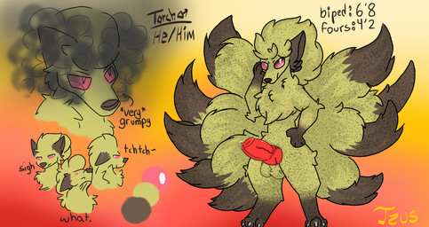 anthro balls feral genitals knot knotted_penis looking_at_viewer male penis smoke smoke_from_mouth solo standing tzus nintendo pokemon fan_character torch_(tzus) generation_1_pokemon ninetales pokemon_(species) absurd_res hi_res model_sheet