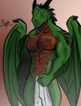 abs anthro biceps green_body green_scales grin horn looking_at_viewer male manly membrane_(anatomy) membranous_wings muscular muscular_anthro muscular_male nude pecs pose red_body red_scales scales simple_background smile solo standing towel wings bgn mythology arath dragon mythological_creature mythological_scalie scalie 2017 signature