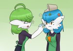 :s accident ahoge angry apron barista blue_hair chibi clothing duo empty_eyes female green_background green_hair hair not_furry orange_eyes simple_background baterco nintendo pokemon ailin_gardevoir lucinda_(baterco) gardevoir generation_3_pokemon humanoid pokemon_(species) shiny_pokemon 2022