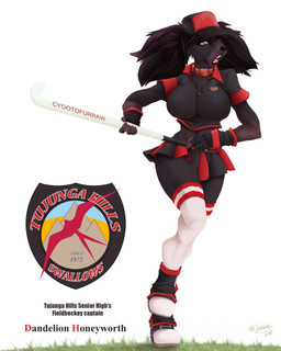 adolescent anthro big_breasts bottomwear bouncing breasts clothing female footwear grass high_school hockey legwear logo plant running school skirt socks solo sport text young thedandelion canid canine canis deer dobermann domestic_dog hybrid mammal pinscher absurd_res english_text hi_res