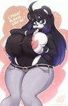 2020 anthro areola bear belt big_breasts big_butt black_body black_fur black_hair blue_eyes blue_hair blush bodily_fluids bottomwear breasts butt clothed clothing denim denim_bottomwear denim_clothing dialogue english_text female fur giant_panda hair hi_res holding_breast huge_breasts huge_butt ineffective_clothing jeans long_hair looking_at_breasts looking_at_own_breasts looking_at_self mammal motion_lines multicolored_hair nipple_slip nipples open_mouth pants pink_areola secretly_saucy shi_yu_(lunarspy) side_boob signature solo standing sweat sweatdrop teeth text thick_thighs tight_clothing tight_topwear topwear wardrobe_malfunction white_body white_fur wide_hips