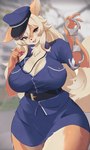 5_fingers :3 anthro belt big_breasts biped black_nose blonde_hair blue_bottomwear blue_clothing blue_hat blue_headwear blue_shirt blue_skirt blue_topwear blurred_background bottomwear breasts cleavage clothed clothing cuff_(restraint) curvy_figure eyelashes female female_anthro fingers front_view fully_clothed fur grey_eyes hair handcuffs hat headgear headwear holding_handcuffs holding_object holding_whistle hourglass_figure huge_breasts humanoid_hands kemono long_hair looking_at_viewer metal_cuffs monotone_hair monotone_tail multicolored_body multicolored_fur one_ear_up open_:3 open_mouth open_smile orange_body orange_ears orange_fur outside pink_tongue plunging_neckline police police_hat police_officer police_uniform pupils restraints shirt skirt smile solo standing tail tan_body tan_fur tan_inner_ear tan_tail tongue topwear two_tone_body two_tone_fur uniform whistle_(object) wide_hips manmaru_mao canid canine canis domestic_dog mammal 2024 absurd_res colored digital_media_(artwork) hi_res portrait shaded three-quarter_portrait