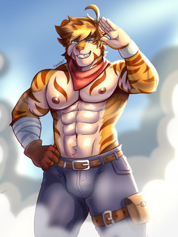 abs anthro areola arm_wraps barazoku belt biped blue_eyes blurred_background bottomwear brown_body brown_fur bulge clothed clothing day denim denim_bottomwear denim_clothing fingers front_view fur gesture hand_on_hip humanoid_hands jeans kerchief leg_strap looking_at_viewer male markings muscular muscular_anthro muscular_arms muscular_male navel nipples orange_body orange_fur outside pants pecs pose salute sharp_teeth sky smile solo standing striped_markings stripes tan_body tan_fur teeth text toothy_smile topless topless_anthro topless_male wraps darolion leon_(darolion) felid hybrid liger mammal pantherine 2024 artist_name colored hi_res portrait shaded three-quarter_portrait