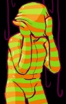 blank creases featureless_crotch featureless_face forced forced_transformation glistening glistening_body green_stripes humanoid implied_transformation male mitten_hands not_furry simple_background solo standing striped_body stripes swatcher transformation zentai