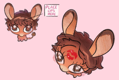 big_eyes blush blush_lines brown_body brown_eyes brown_hair chibi directional_arrow eyelashes female feral hair kiss_mark kiss_mark_on_forehead long_ears messy_hair pink_background simple_background solo tail text watery_eyes shgrcube hasbro my_little_pony choux_(ponopyyy) fan_character asinus donkey equid equine mammal hi_res