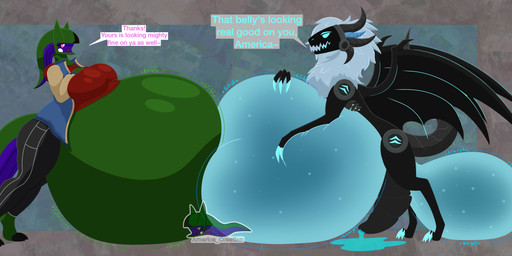 anthro balls belly big_balls big_belly big_breasts big_penis blush bodily_fluids breasts claws clothing cum duo erection female feral genital_fluids genitals horn huge_balls huge_belly huge_penis hyper hyper_balls hyper_belly hyper_genitalia machine male multicolored_body onomatopoeia open_mouth overweight penis simple_background smile sound_effects stuffing tail text thick_thighs tongue americacreation arceus_tummy mythology nintendo pokemon arceus dragon generation_4_pokemon legendary_pokemon mythological_creature mythological_scalie pokemon_(species) protogen scalie absurd_res english_text hi_res