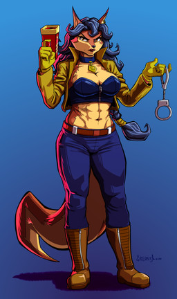 5_fingers abs angry anthro athletic belt biped blue_background blue_hair boots bottomwear breasts cleavage clothed clothing collar cuff_(restraint) dog_tags ear_piercing eyebrows eyelashes eyeliner female fingers footwear fur gloves grimace gun hair handcuffs handwear holding_gun holding_object holding_ranged_weapon holding_weapon jacket jewelry lipstick long_hair looking_at_viewer makeup markings medium_breasts metal_cuffs midriff mole_(marking) mole_under_eye multicolored_body multicolored_fur muscular muscular_anthro muscular_female navel open_clothing open_jacket open_topwear orange_body orange_fur pants piercing ponytail ranged_weapon restraints shackles shadow shoes simple_background solo standing tan_body tan_fur tied_hair topwear tube_top two_tone_body two_tone_fur two_tone_tail weapon zipper mainlinemojo sly_cooper_(series) sony_corporation sony_interactive_entertainment sucker_punch_productions carmelita_fox canid canine fox mammal 2018 absurd_res full-length_portrait hi_res portrait signature